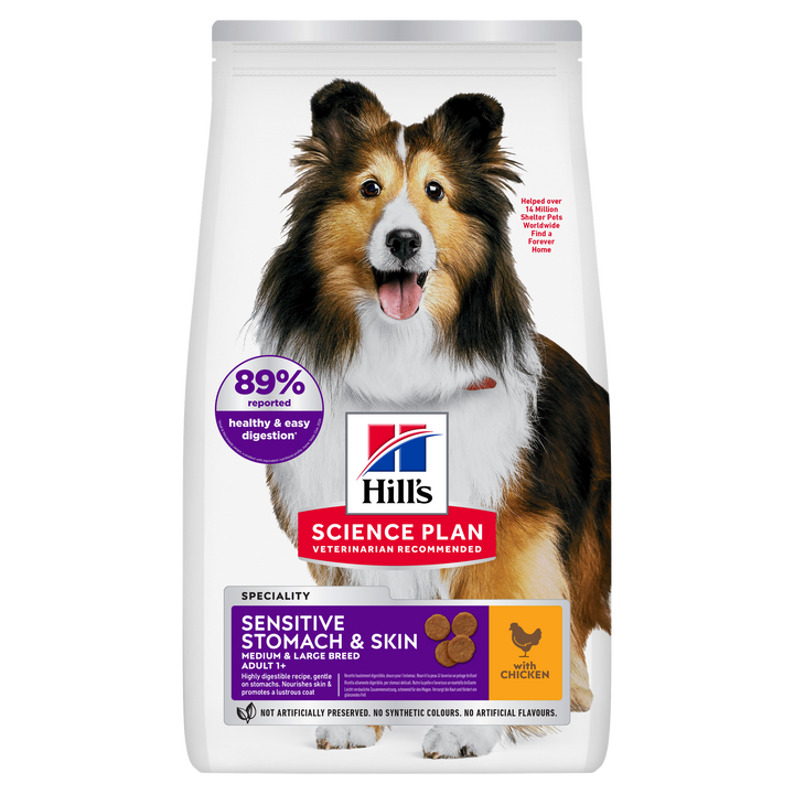 Hill's Science Plan Sensitive Stomach & Skin Medium & Large Breed Adult Dog Food with Chicken 14kg, front of bag