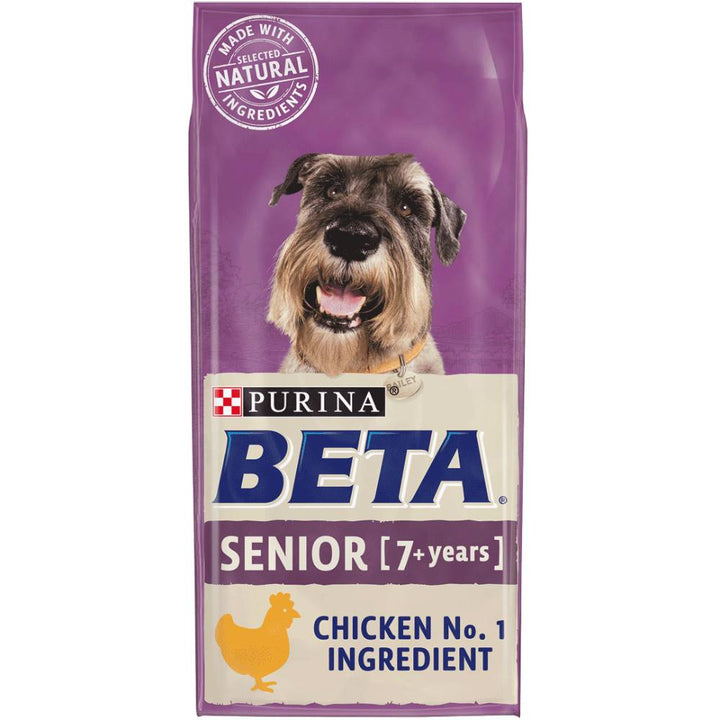 Purina Beta Senior 7+ years dry dog food with chicken as No.1 ingredient, front of bag