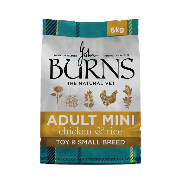 Burns Adult Mini Chicken and Rice Toy and Small Breed 6kg dog food bag, front