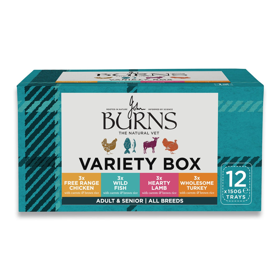 Burns Wet Dog Food Variety Box of 12 x 150g trays, new design: free range chicken, wild fish, hearty lamb, wholesome turkey