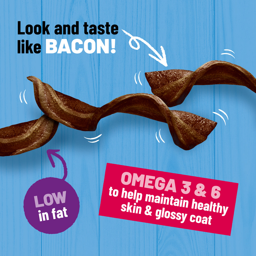 Bakers Sizzlers bacon flavour twists: look and taste like bacon, low in fat, omega 3 and 6 for healthy skin and coat
