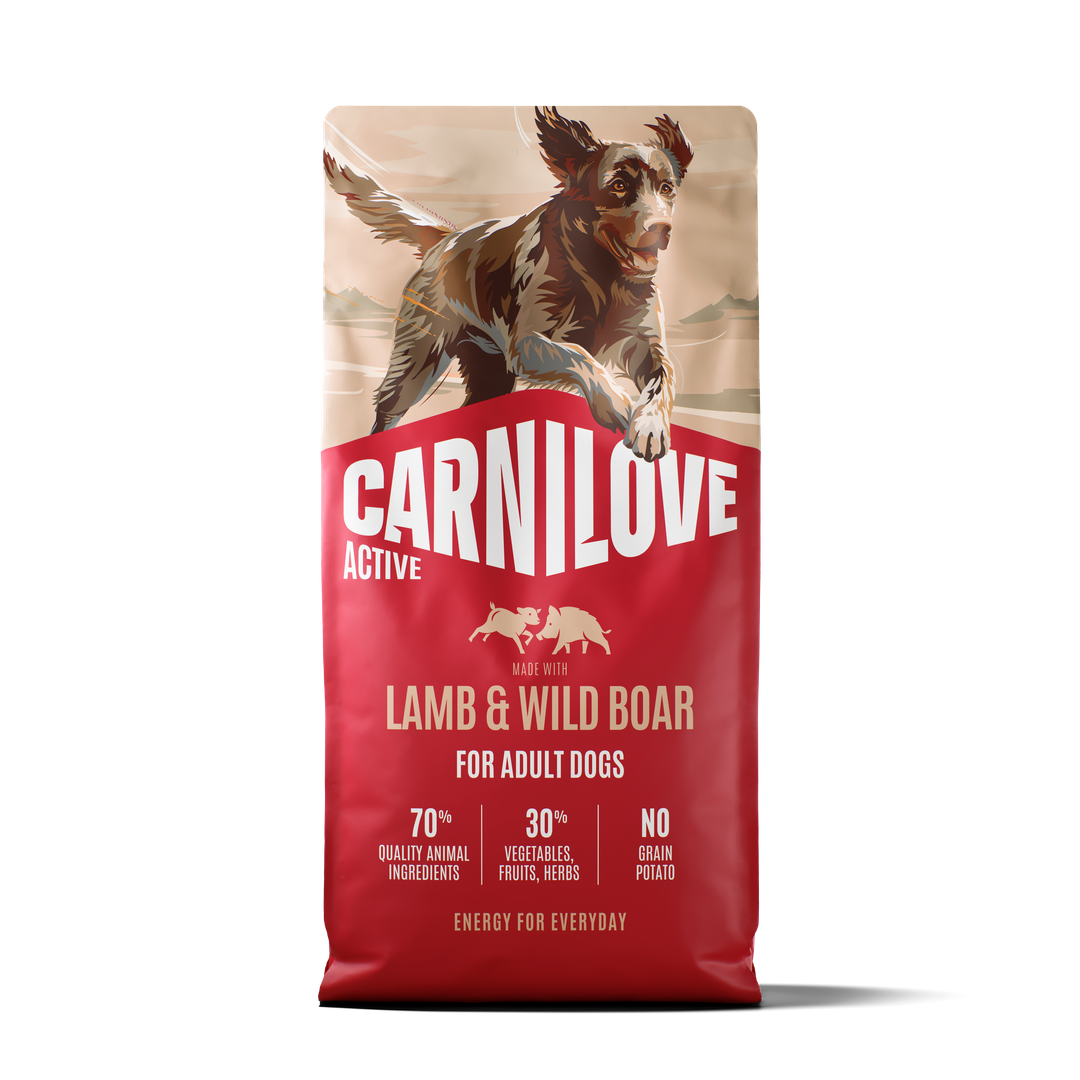 Carnilove Active Lamb and Wild Boar adult dry dog food, new red bag, front