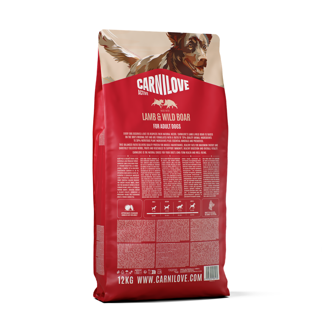 Carnilove Active Lamb and Wild Boar dry dog food, back of bag