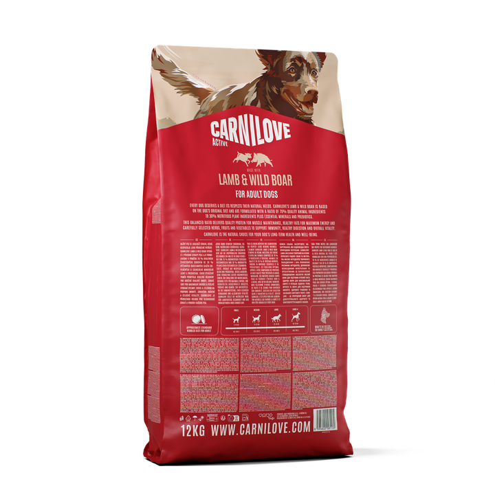 Carnilove Active Lamb and Wild Boar dry dog food, back of bag
