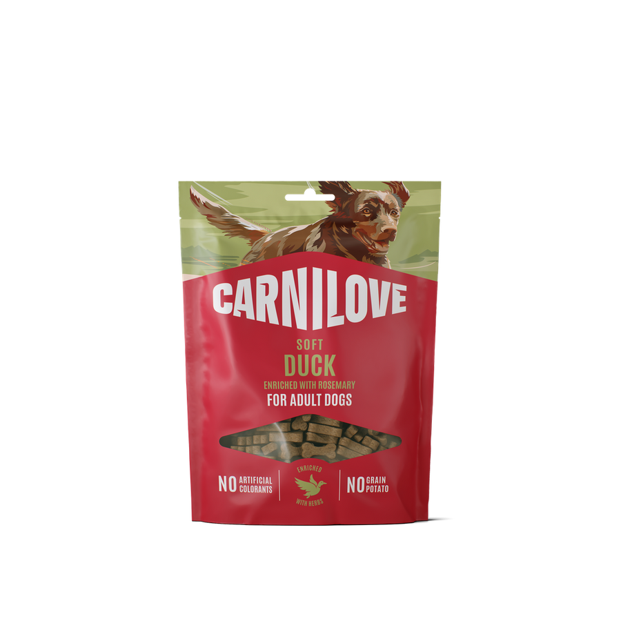 Carnilove Duck enriched with Rosemary soft snack for dogs 200g pouch, front