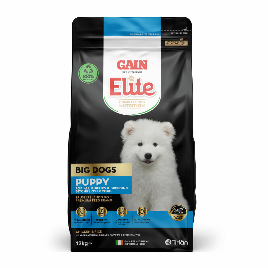Gain Elite Big Dogs Puppy Chicken dog food 12kg bag, front of pack