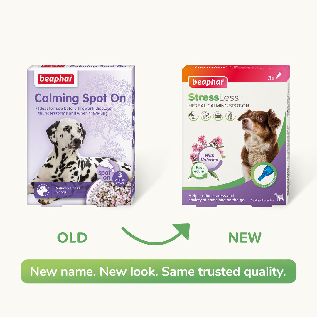Beaphar Calming Spot On old pack and new StressLess pack: new name, new look, same trusted quality