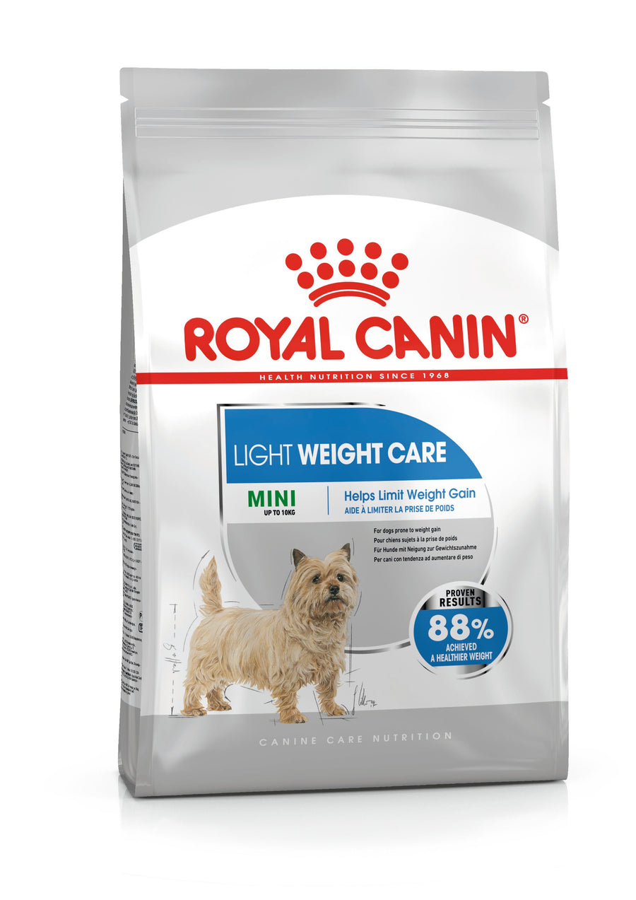 Royal Canin Mini Light Weight Care adult dry dog food bag, front of pack