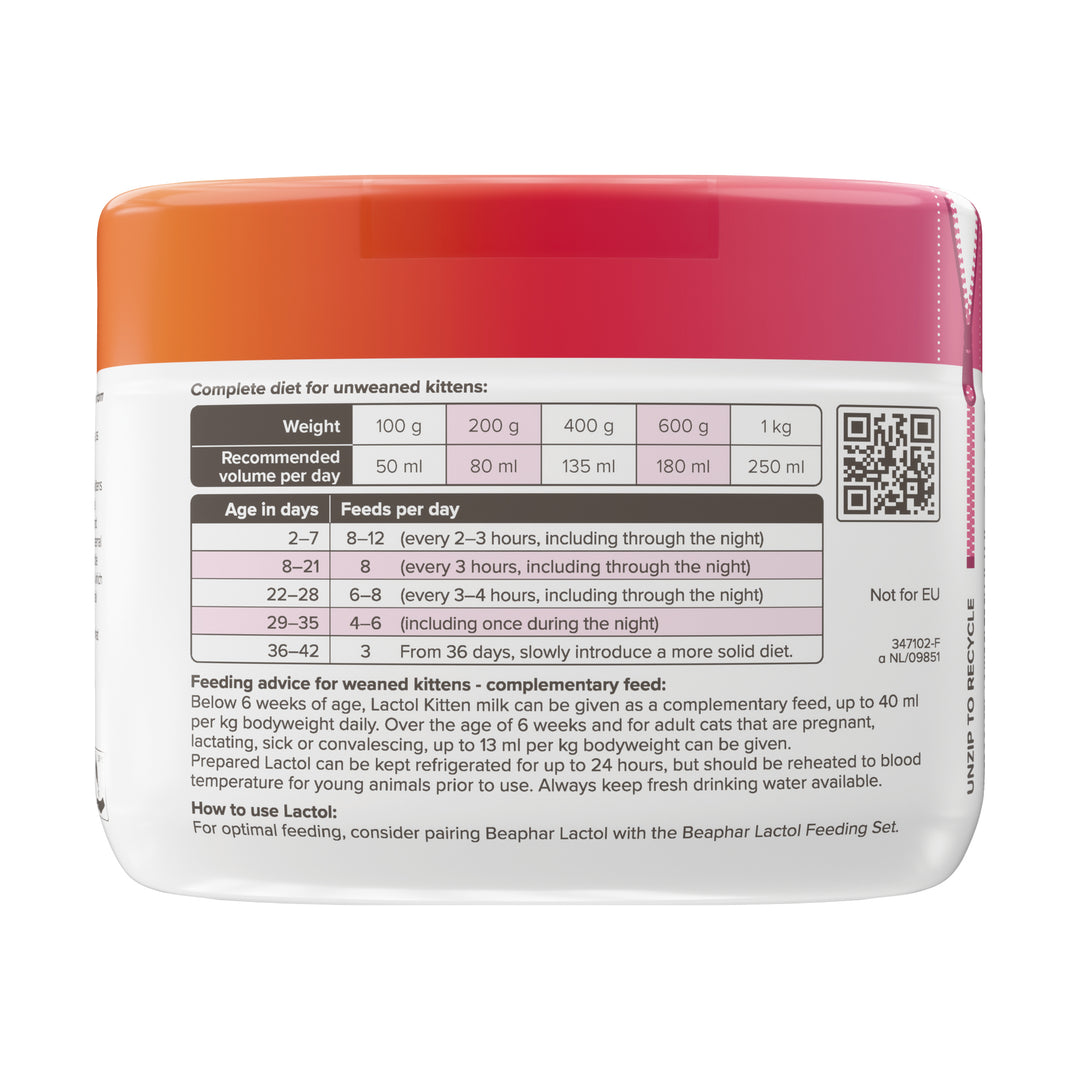 Beaphar Lactol Kitten Milk tub, feeding guide by kitten weight and age