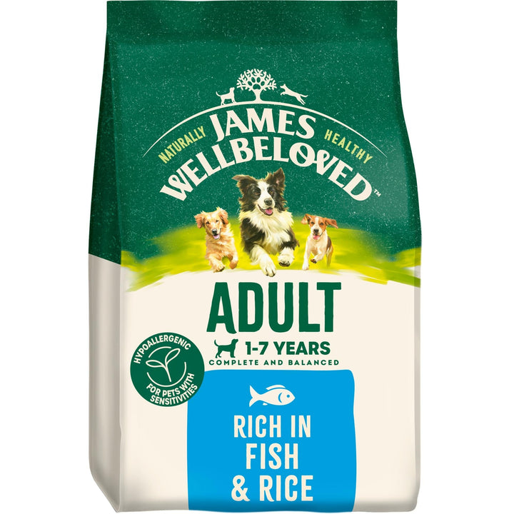James Wellbeloved Adult 1 to 7 years Fish and Rice dry dog food, front of bag