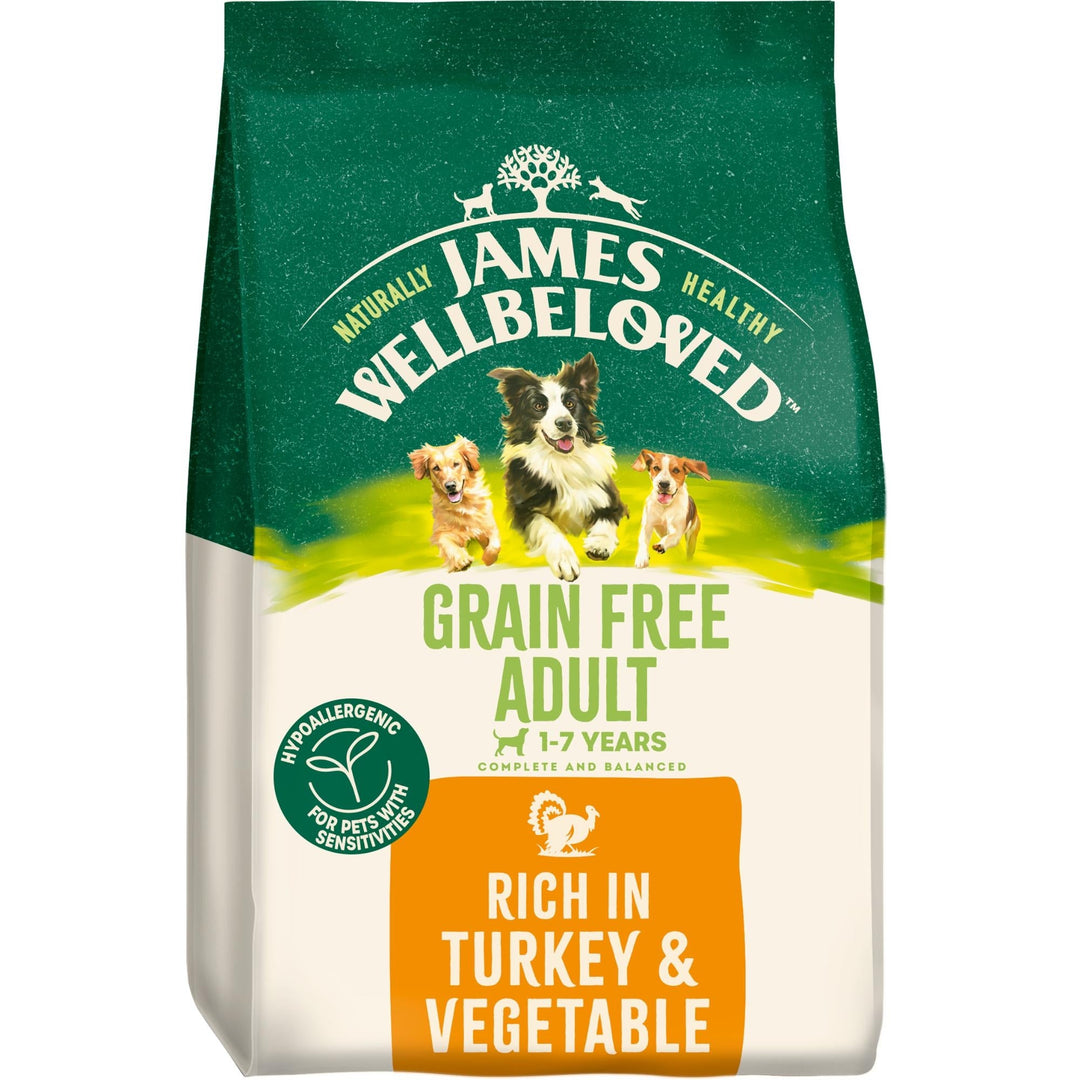 James Wellbeloved Grain Free Adult Turkey and Vegetable dry dog food bag, new pack design, front