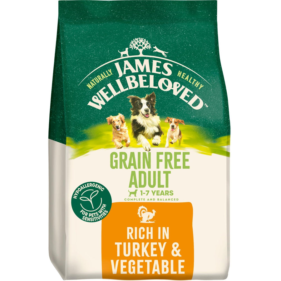 James Wellbeloved Grain Free Adult Turkey and Vegetable dry dog food bag, new pack design, front