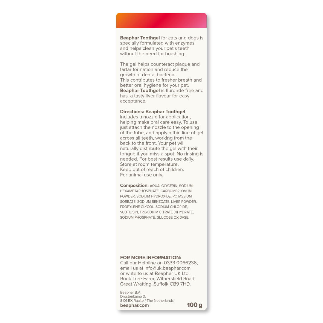 Beaphar Toothgel 100g box back with directions and composition