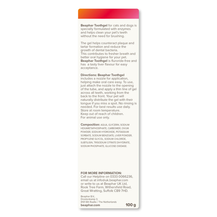 Beaphar Toothgel 100g box back with directions and composition