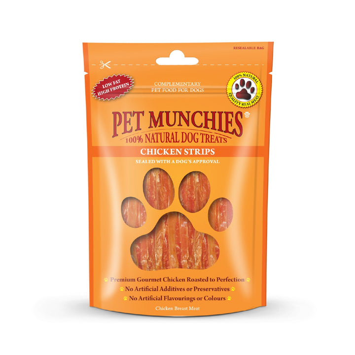 Pet Munchies Chicken Strips dog treats 90g pack, front