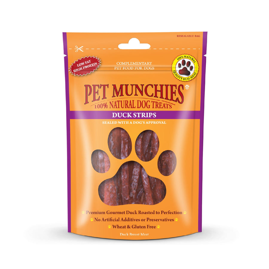 Pet Munchies Duck Strips dog treats 90g, front of pack