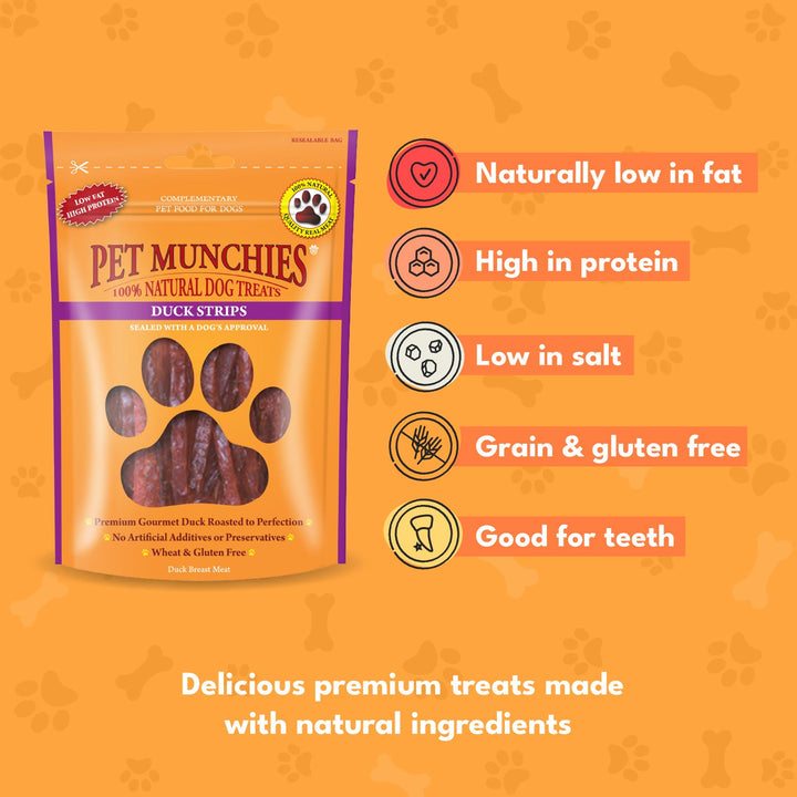 Pet Munchies Duck Strips 90g benefits: naturally low in fat, high in protein, low in salt, grain and gluten free