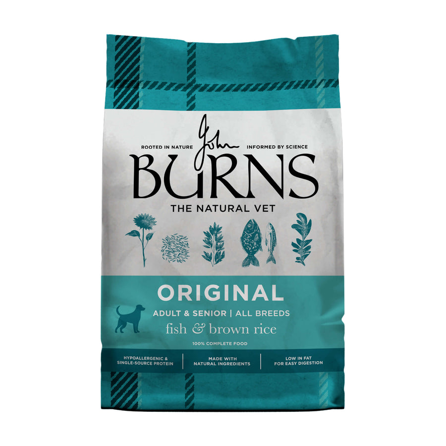 Burns Original Fish & Brown Rice Adult & Senior dry dog food, front of pack (new Burns packaging)