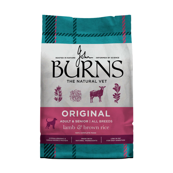Burns Original Lamb & Brown Rice Adult & Senior dry dog food, front of pack (new Burns packaging)