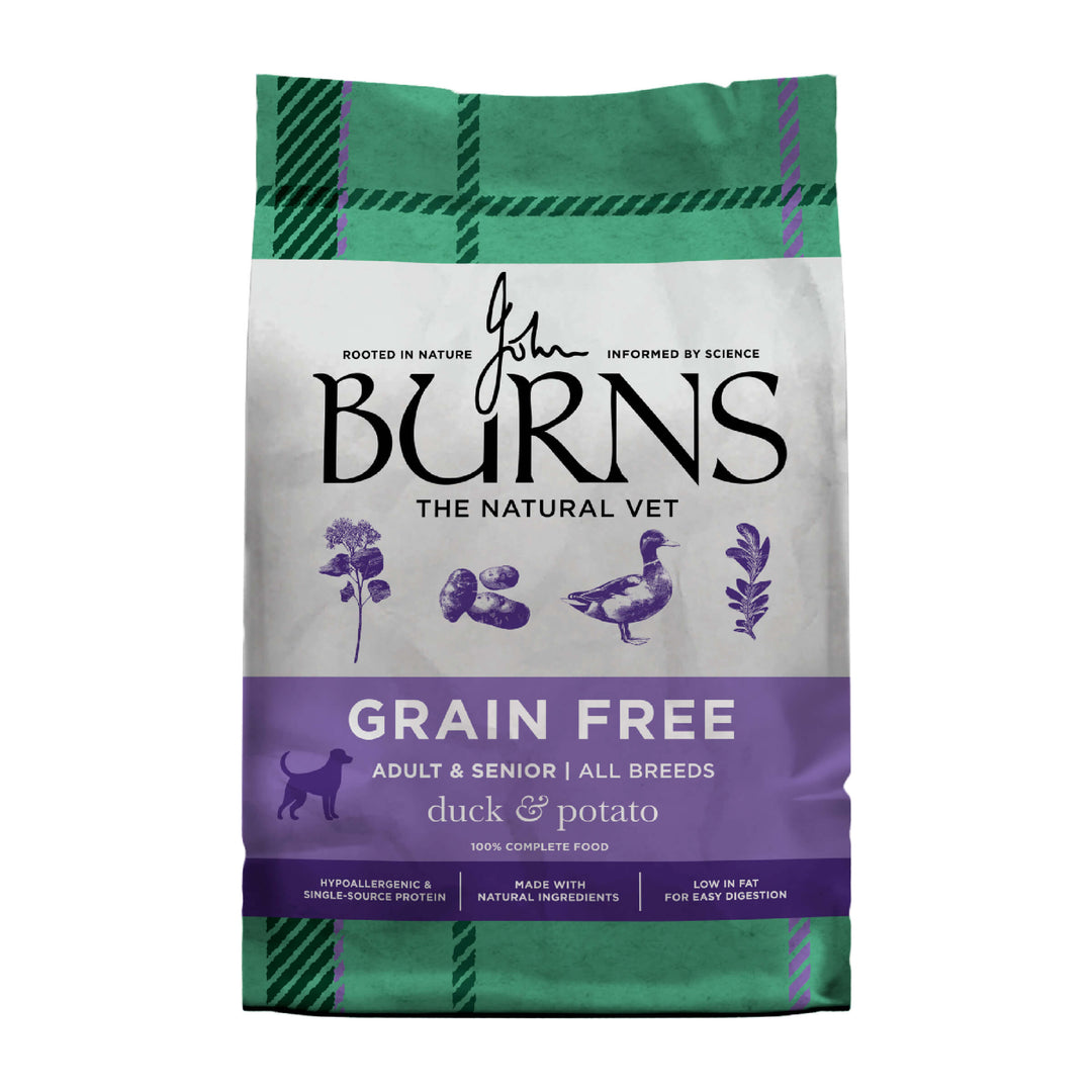 Burns Grain Free Duck and Potato adult and senior dry dog food bag, new design front of pack