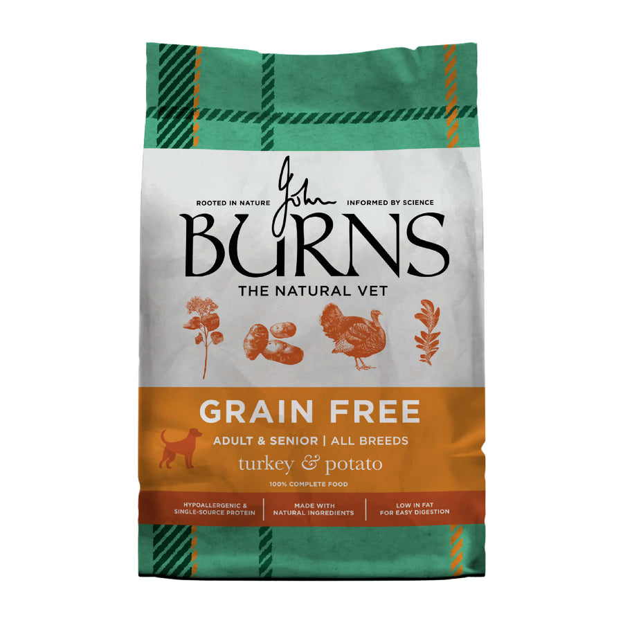 Burns Grain Free Turkey & Potato Adult & Senior dry dog food, front of pack (new Burns packaging)