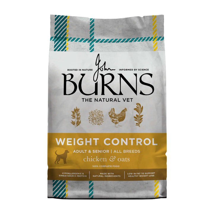 Burns Weight Control Chicken and Oats 2kg adult and senior dog food bag, new pack design, front