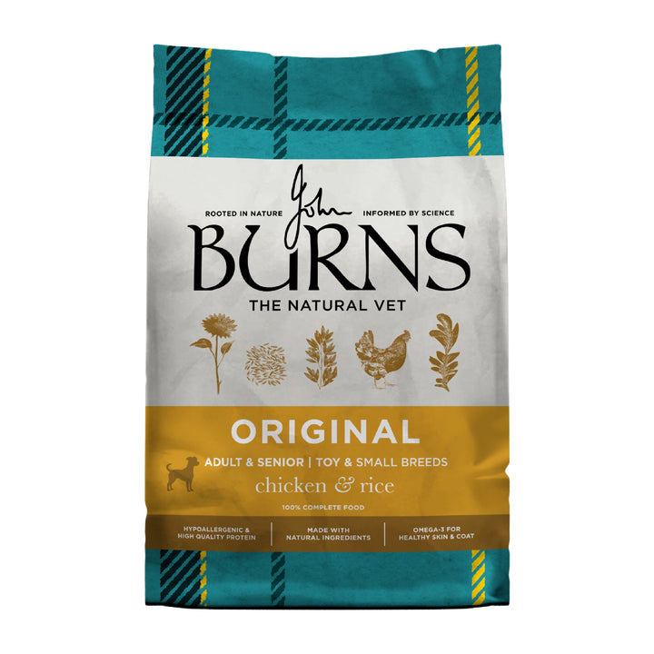 Burns Original Chicken and Rice Toy and Small Breed 2kg dog food bag, new pack design, front