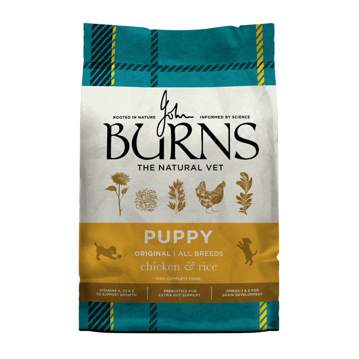 Burns Puppy Original Chicken & Rice dry dog food, front of pack (new Burns packaging)