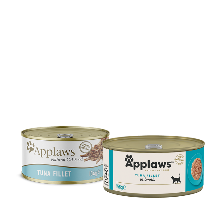 Applaws Tuna Fillet in Broth 156g can in the current cream label, shown beside the previous label design