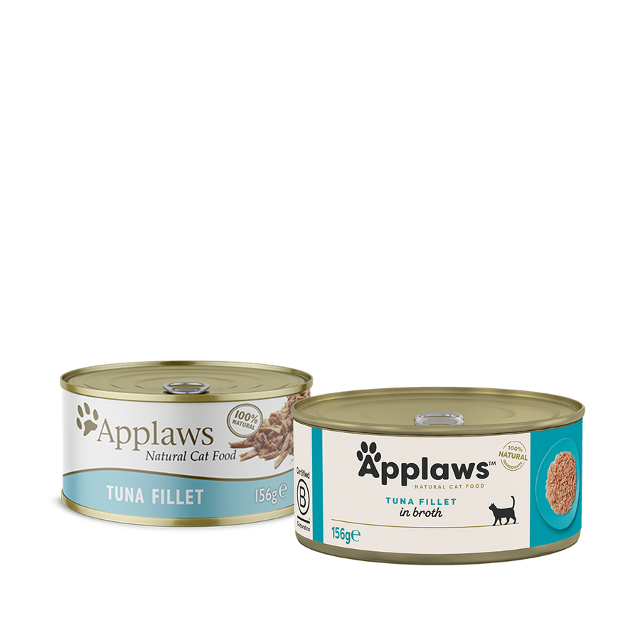 Applaws Tuna Fillet in Broth 156g can in the current cream label, shown beside the previous label design