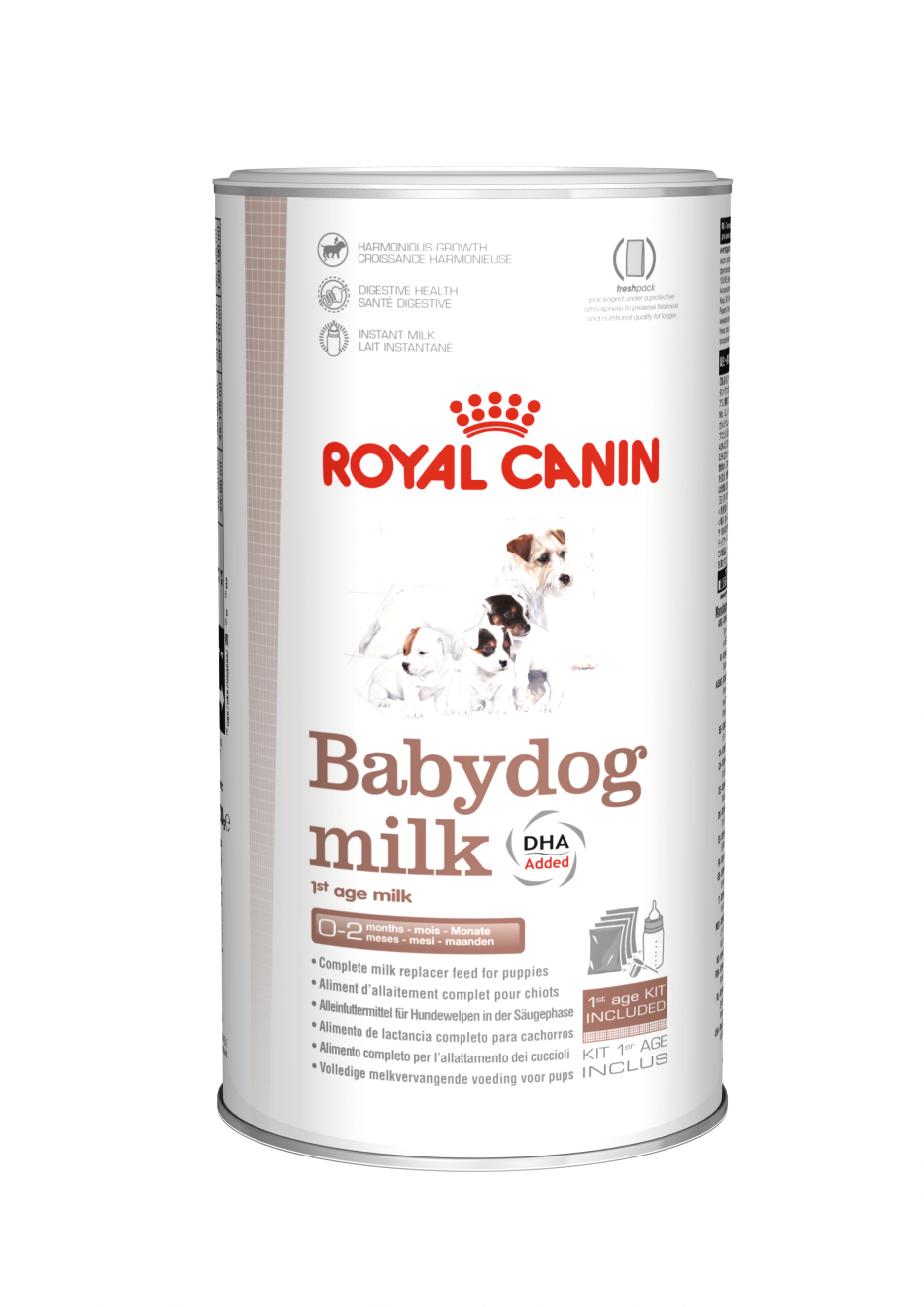 Royal Canin Babydog Milk 400g tin, puppy milk replacer, front of pack