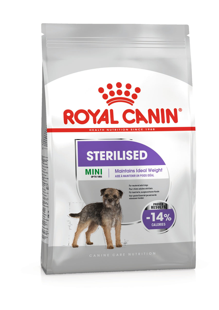 Royal Canin Mini Sterilised adult dry dog food bag, front of pack