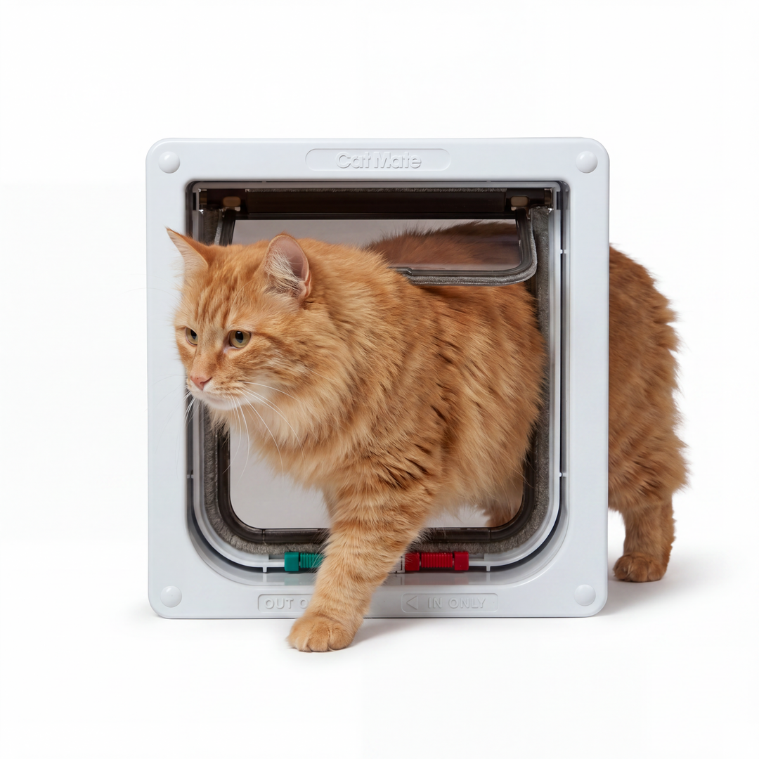 Ginger cat walking through the Cat Mate 4 Way Locking Cat Flap white