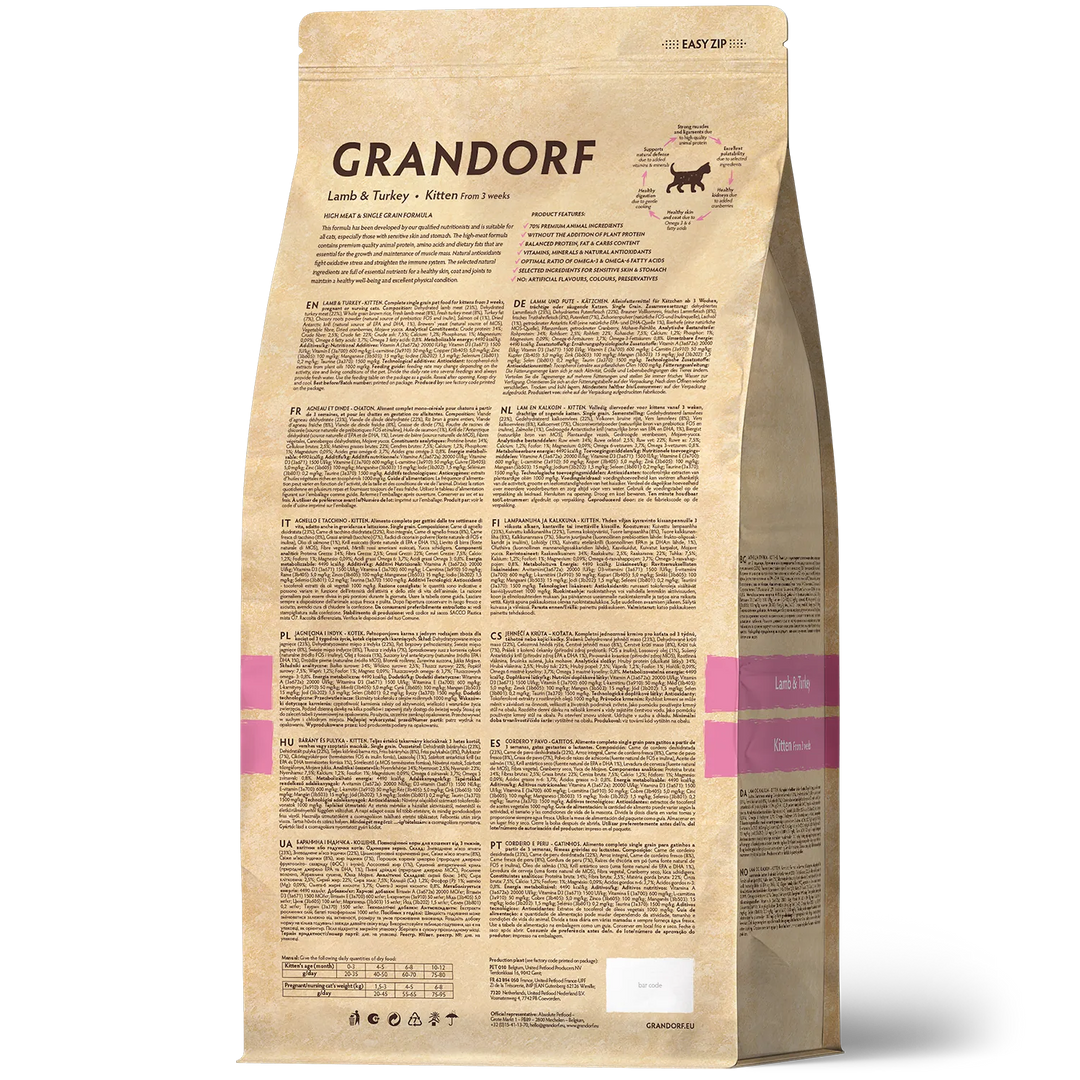 Grandorf Lamb & Turkey Kitten dry cat food, back of bag with ingredients and feeding information