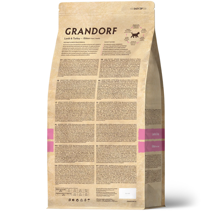 Grandorf Lamb & Turkey Kitten dry cat food, back of bag with ingredients and feeding information