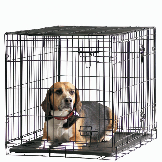 Savic Dog Cottage Crate 91cm Black with a beagle lying inside on the plastic base tray