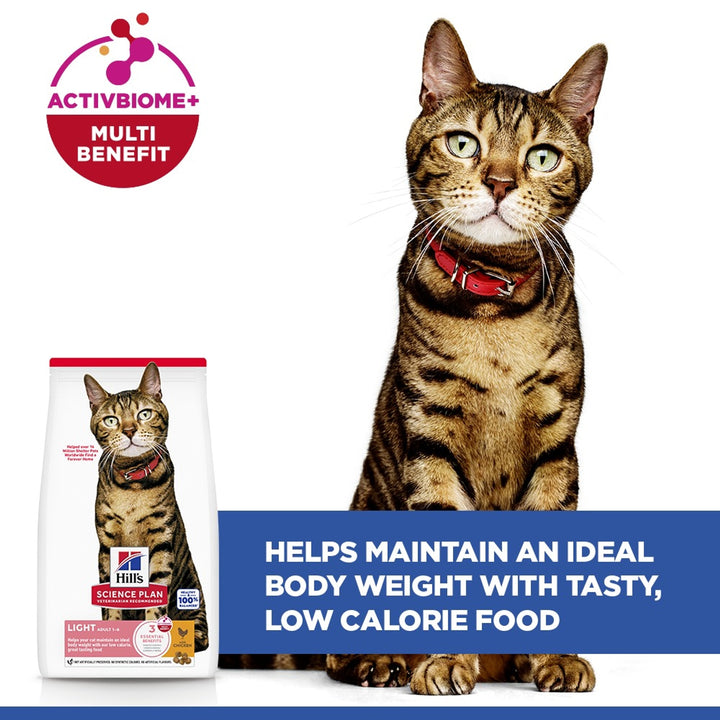 Tabby cat with Hill's Science Plan Light Adult chicken bag, helps maintain an ideal body weight