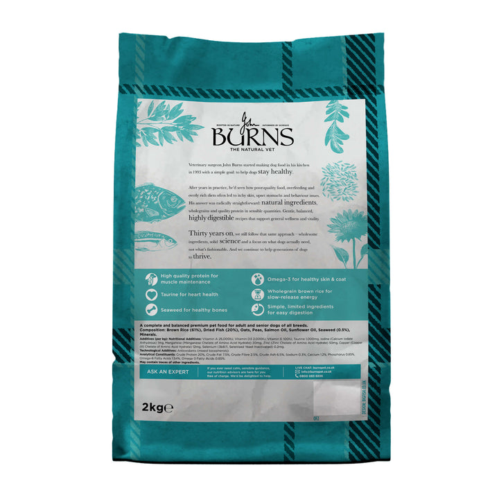 Burns Original Fish & Brown Rice dog food, back of pack with product information