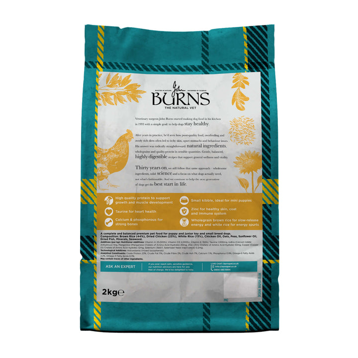 Burns Puppy Mini Chicken and Brown Rice 2kg, back of pack