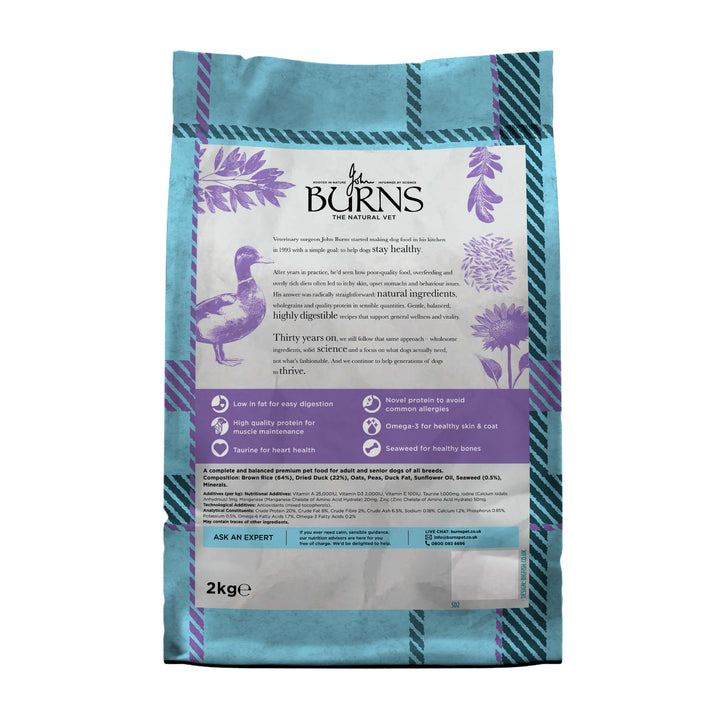 Burns Sensitive Duck & Brown Rice 2kg, back of pack