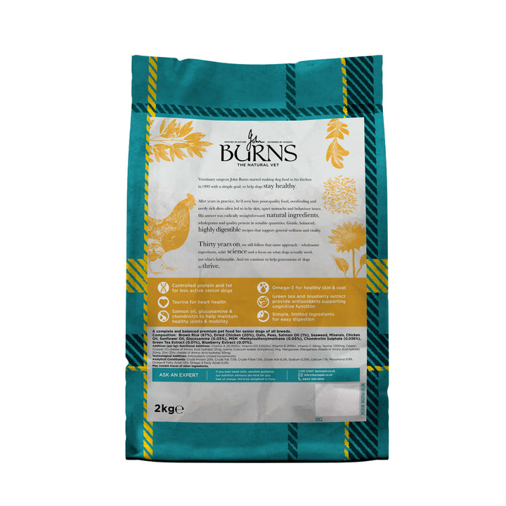 Burns Senior Chicken & Brown Rice dog food 2kg, back of pack with product information