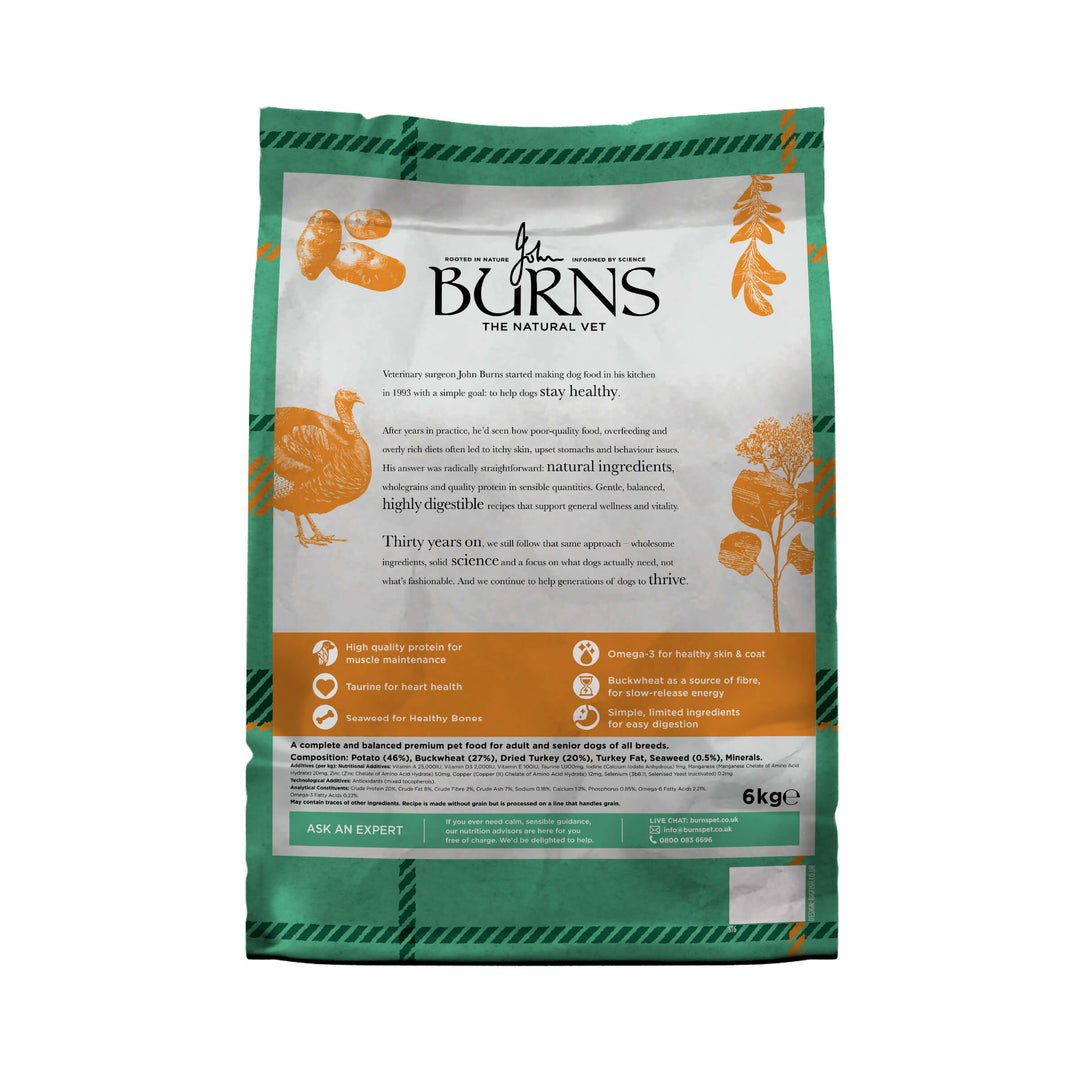 Burns Grain Free Turkey & Potato dog food, back of pack with product information