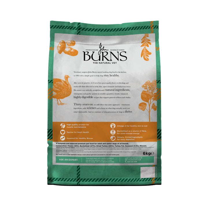 Burns Grain Free Turkey & Potato dog food, back of pack with product information