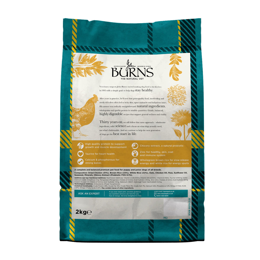 Burns Puppy Original Chicken & Rice, back of pack with product information