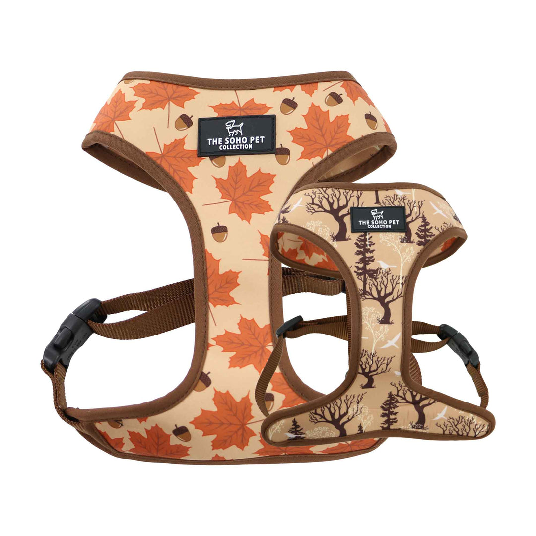 Ancol Soho reversible dog harness showing the Maple Leaf side and the Woodland side