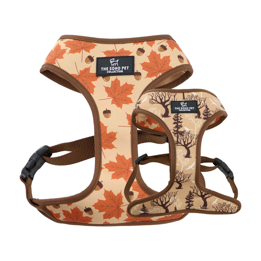 Ancol Soho reversible dog harness showing the Maple Leaf side and the Woodland side