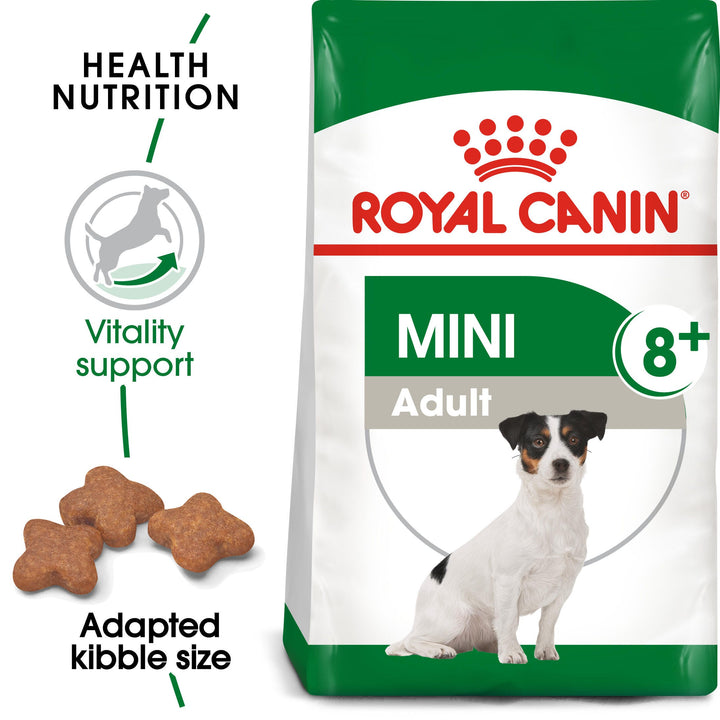 Royal Canin Mini Adult 8+ bag with key benefits: vitality support, adapted kibble size