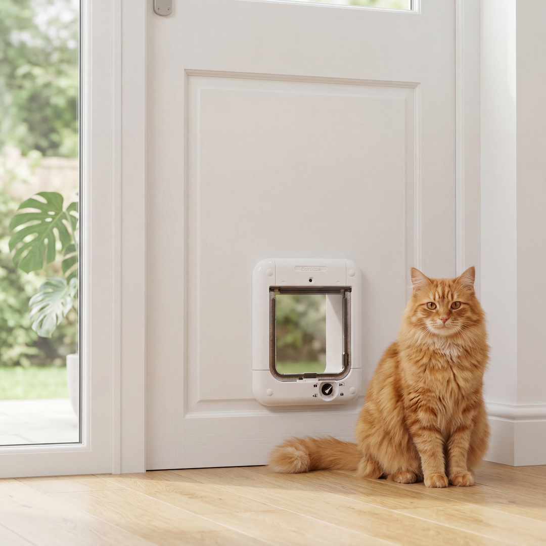 Cat Mate Microchip Cat Flap 360 White fitted in a white door with cat beside it