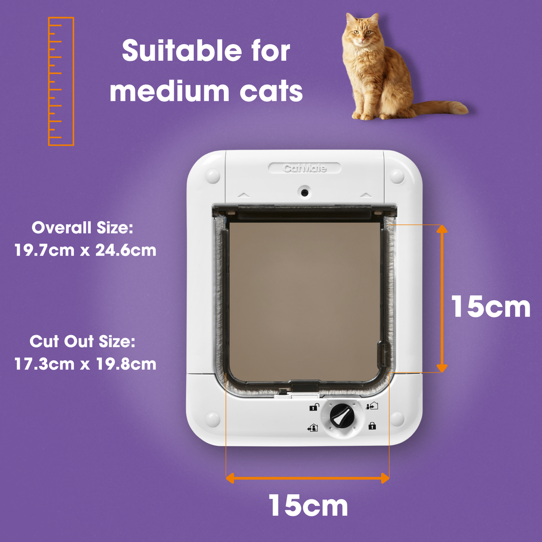 Cat Mate Microchip Cat Flap 360 dimensions: overall 19.7cm x 24.6cm, cut out 17.3cm x 19.8cm, flap 15cm x 15cm
