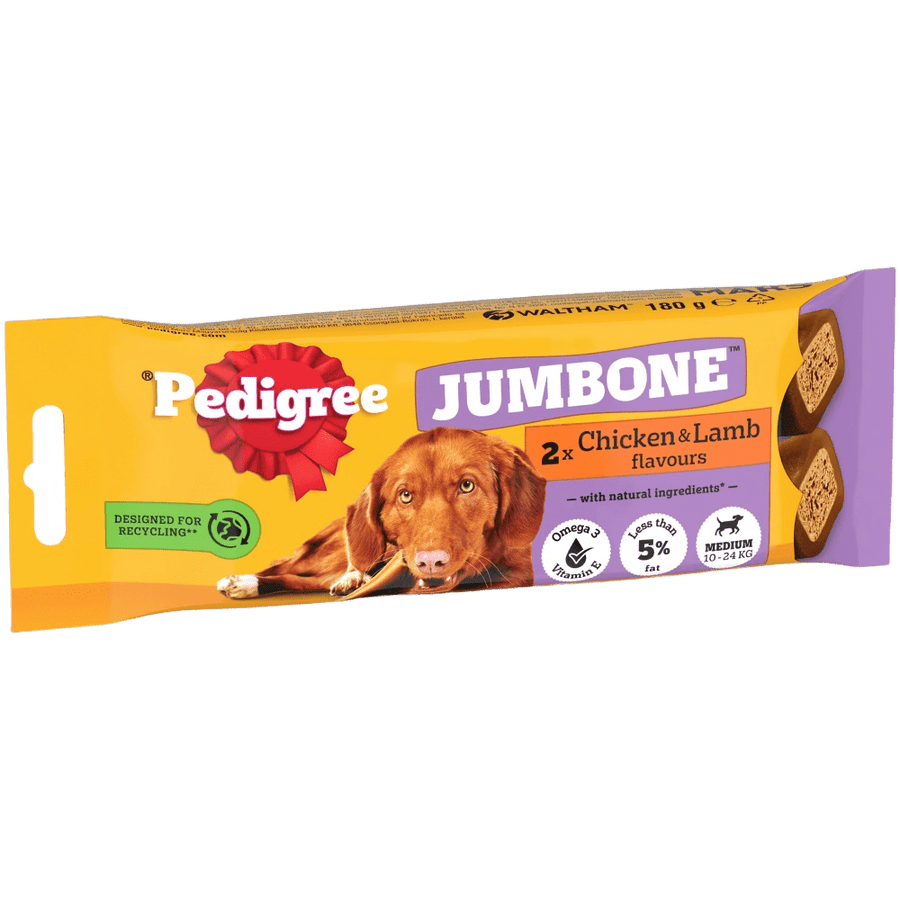 Pedigree Jumbone Medium Chicken and Lamb flavour, 2 chews 180g, front of pack